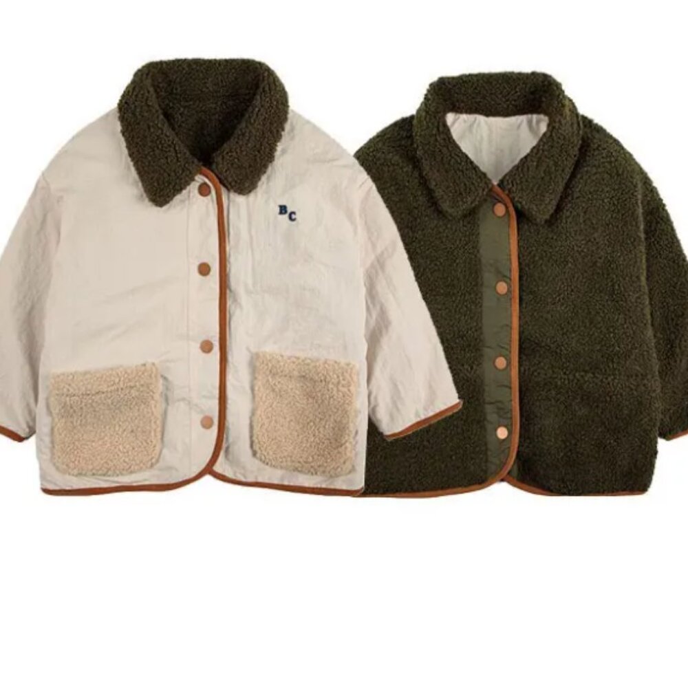 Bobo Choses Reversible Puffer Jacket in Olive Green and Cream